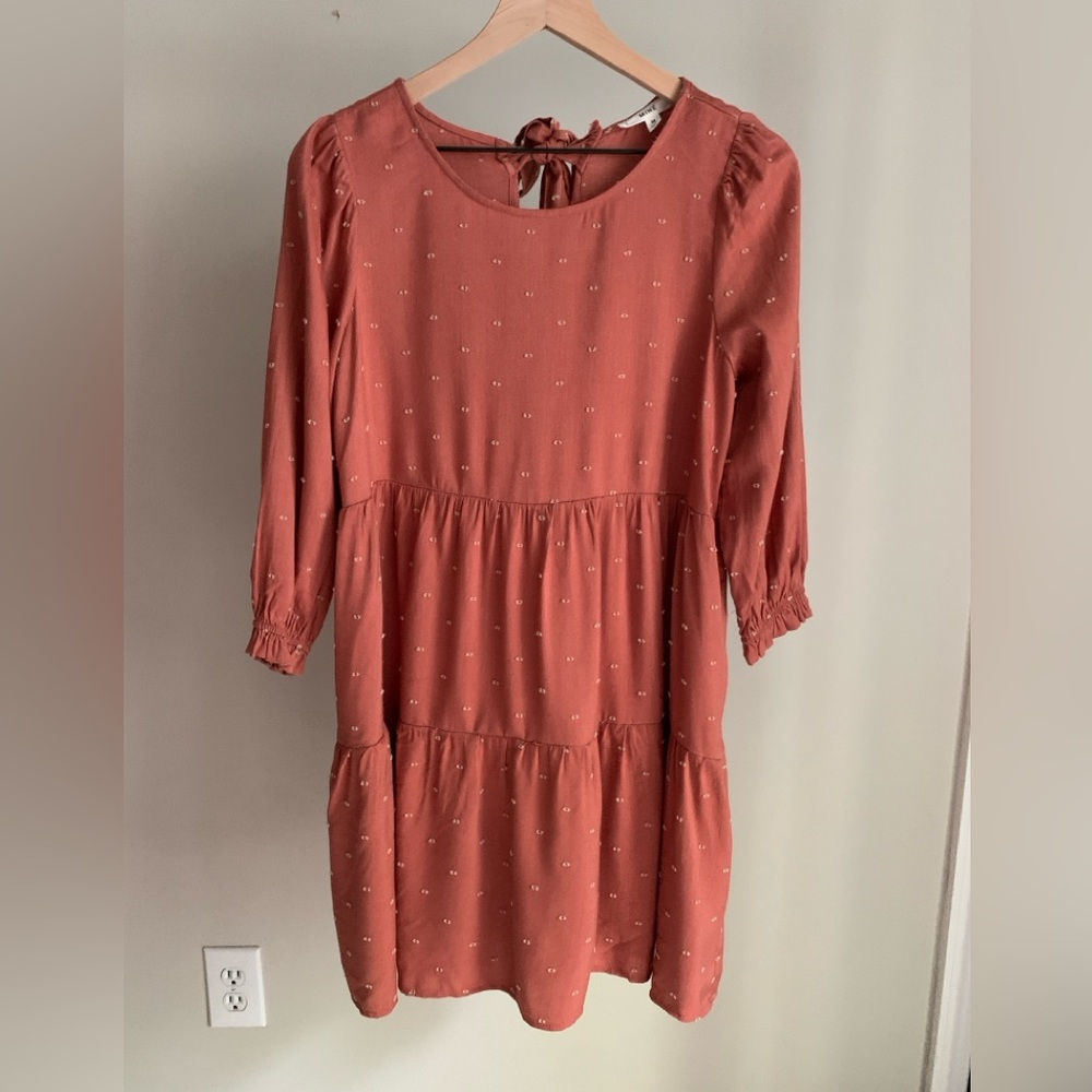 Peach Swiss dot babydoll dress with tie